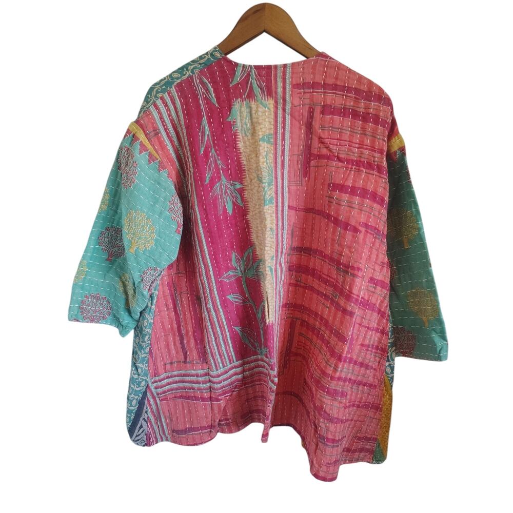ButterCatCo Kantha Quilted Patchwork Open Front Jacket Boho Pockets Artisan - Picture 3 of 6